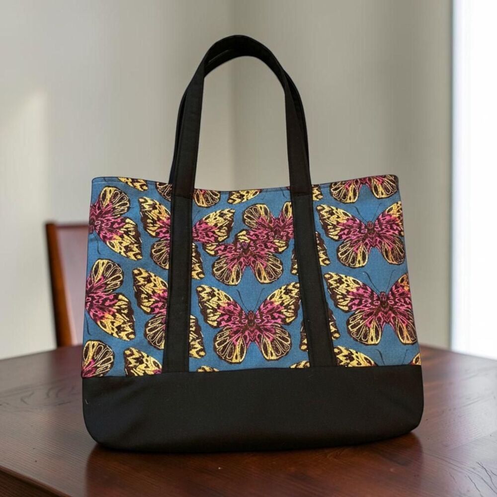 Handmade Butterfly Canvas Tote Bag – Vibrant Blue & Gold Shoulder Bag